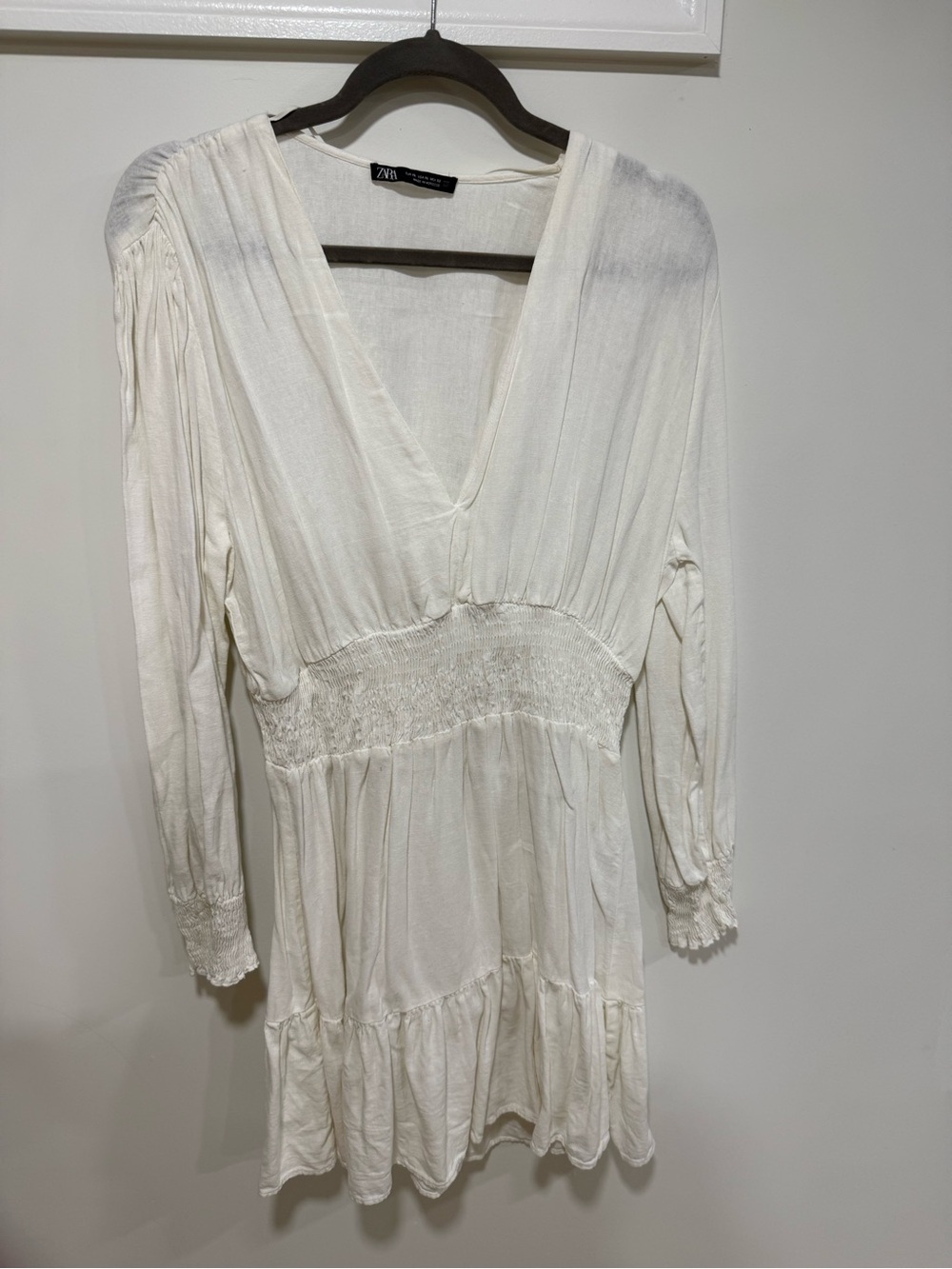 Zara Ivory V-Neck Long Sleeve Smocked Waist Tiered Dress